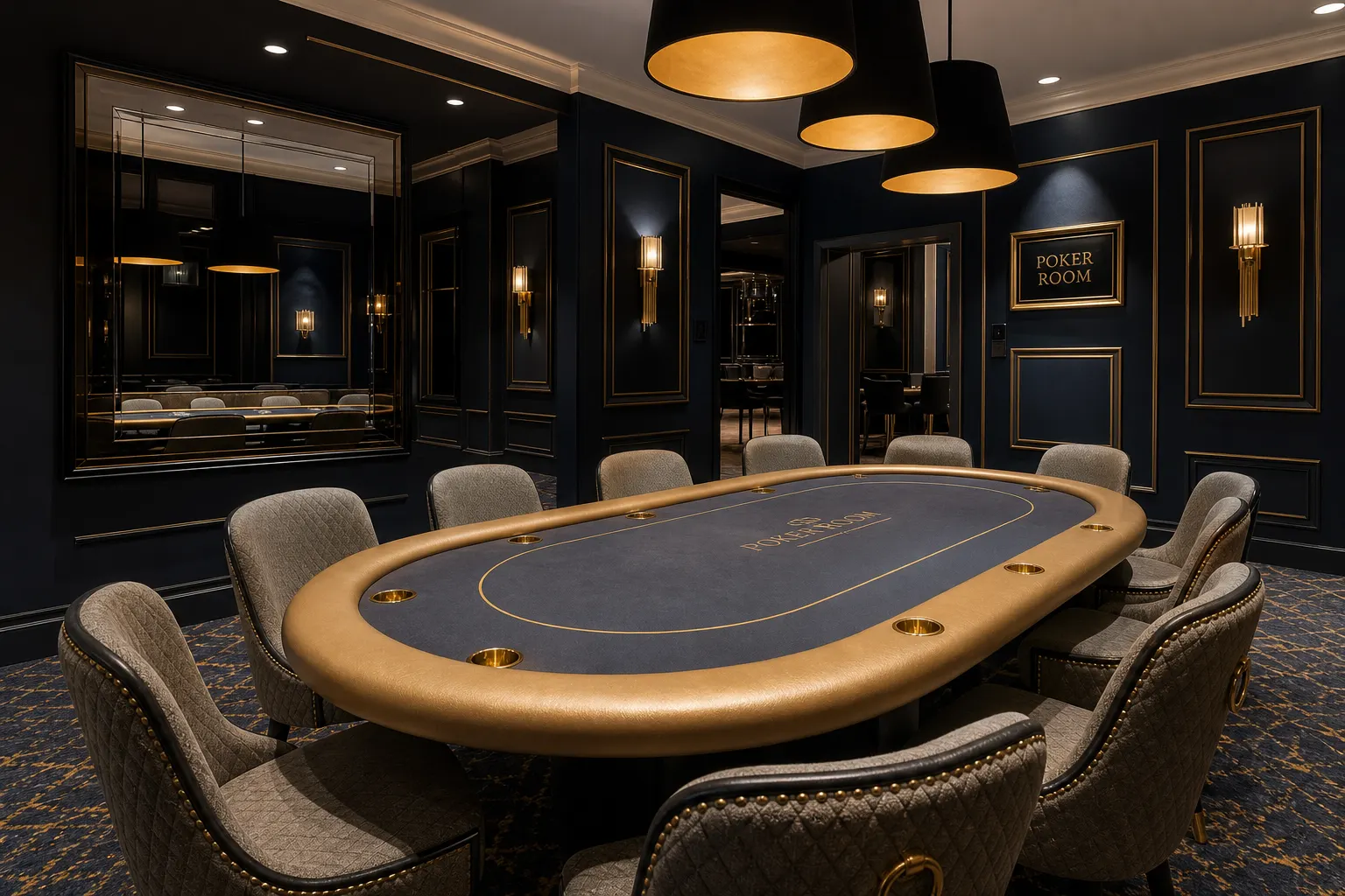 Pusty pokój pokerowy z miękkim oświetleniem wiszącym